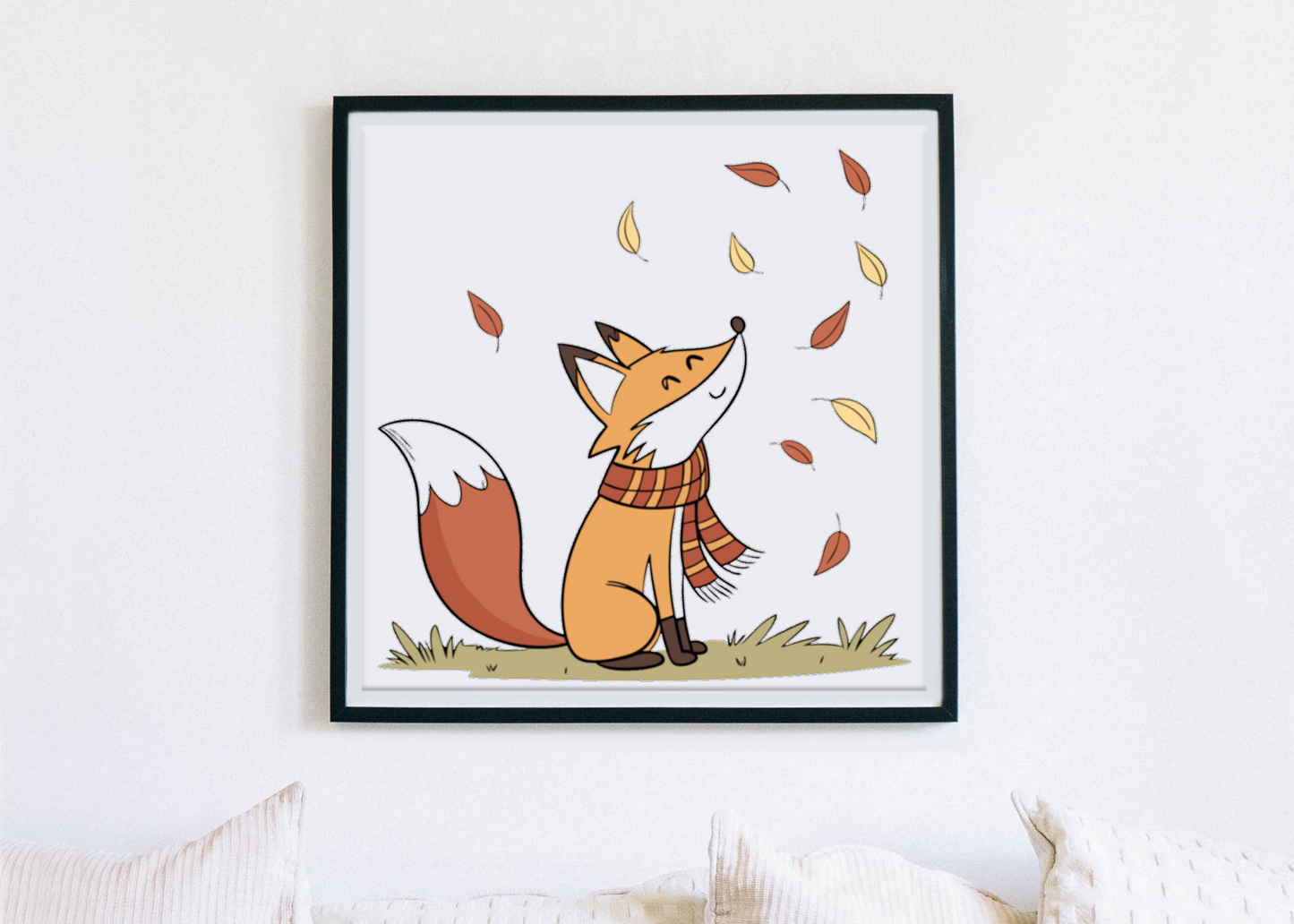Cadre illustré d'un renard rêveur style kawaii sous feuilles d'automne