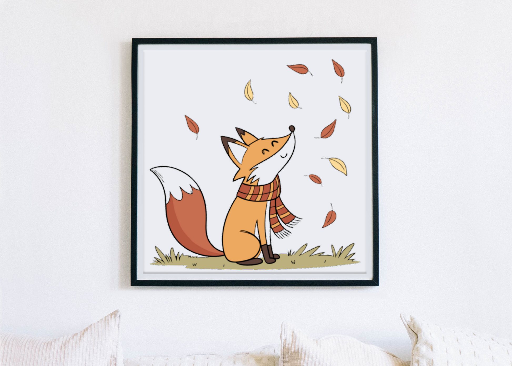 Cadre illustré d'un renard rêveur style kawaii sous feuilles d'automne