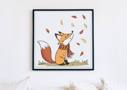 Cadre illustré d'un renard rêveur style kawaii sous feuilles d'automne