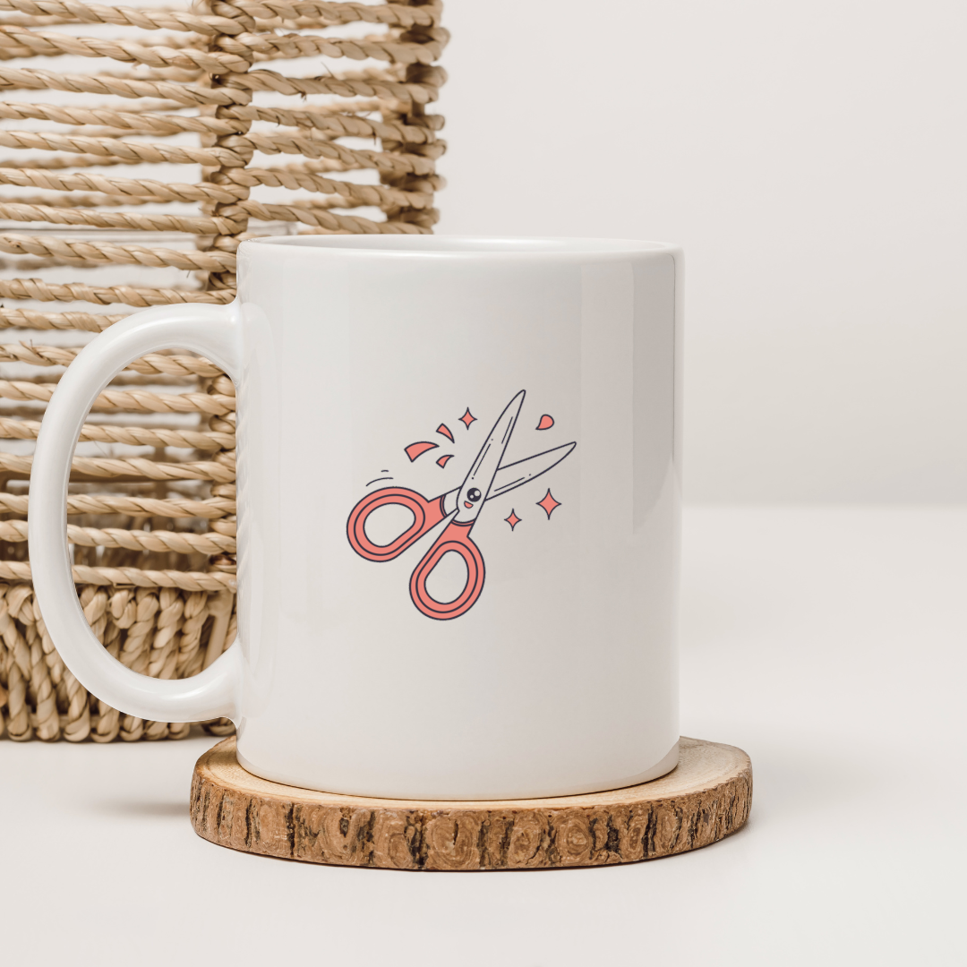 Mug décoré de ciseaux joyeux style doodle école pour une touche ludique