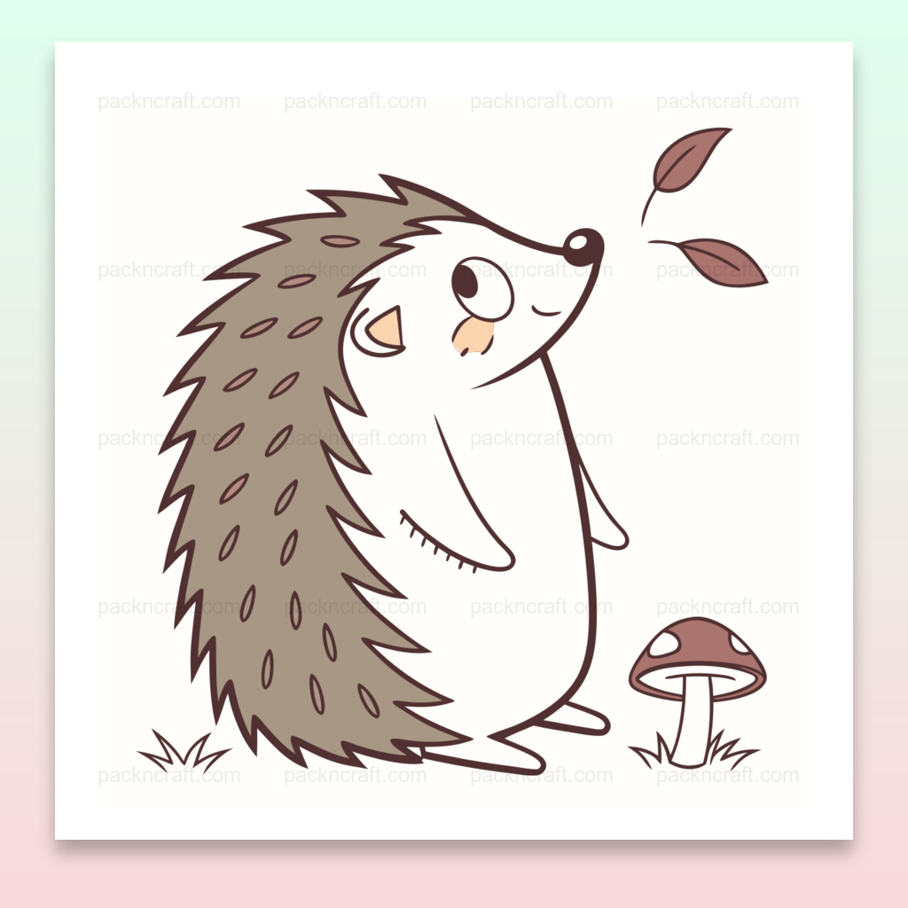 Illustration d'un hérisson curieux avec des feuilles, utilisable pour déco et papeterie.