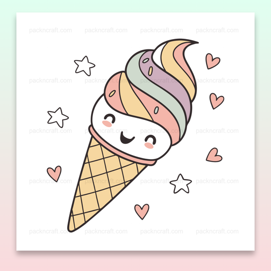 Illustration de cône de glace joyeux en style kawaii, idéale pour DIY et créations papeterie