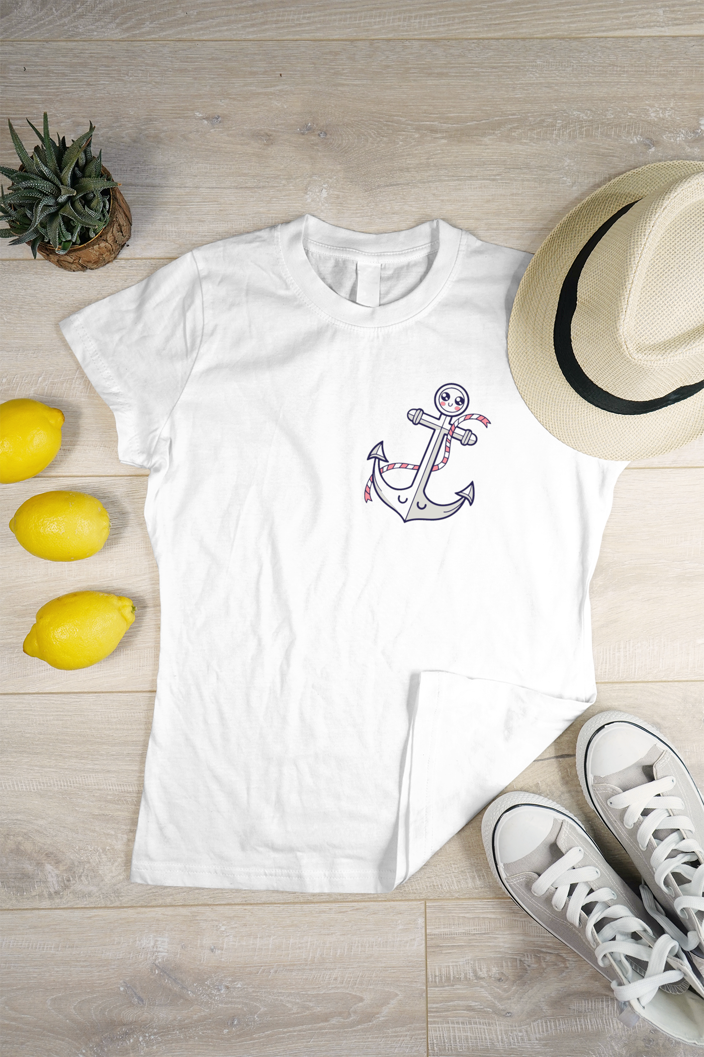 T-shirt marin décoré d'une ancre joyeuse dans un style cartoon vibrant
