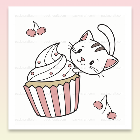 Illustration kawaii d'un chat espiègle sur un cupcake, usage papeterie et déco