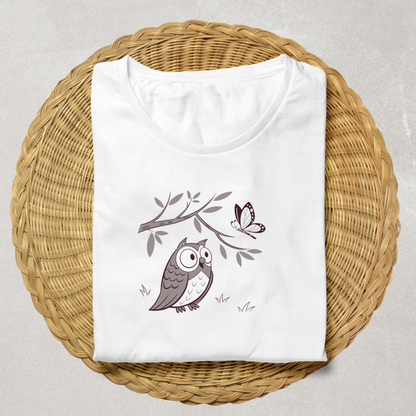 T-shirt décoré d'une chouette minimaliste et papillon évoquant la nature paisible