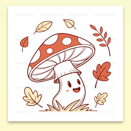Illustration doodle de champignon joyeux entouré de feuilles d'automne, parfait pour projets DIY.