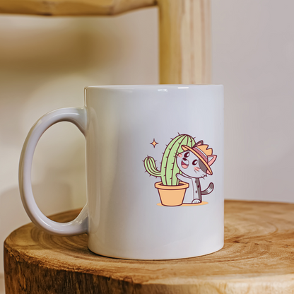 Mug avec un chat kawaii câlinant un cactus, parfait pour les amoureux de nature
