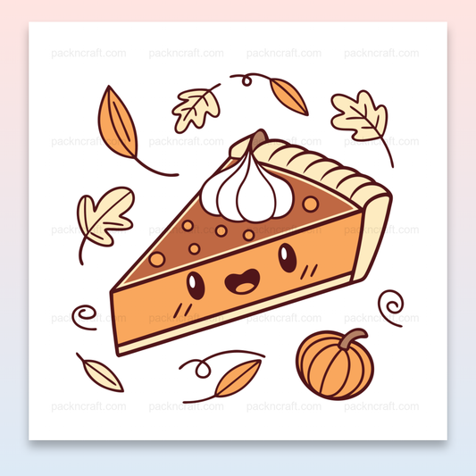 Illustration kawaii de tarte souriante avec des feuilles d'automne, parfaite pour papeterie et déco DIY.