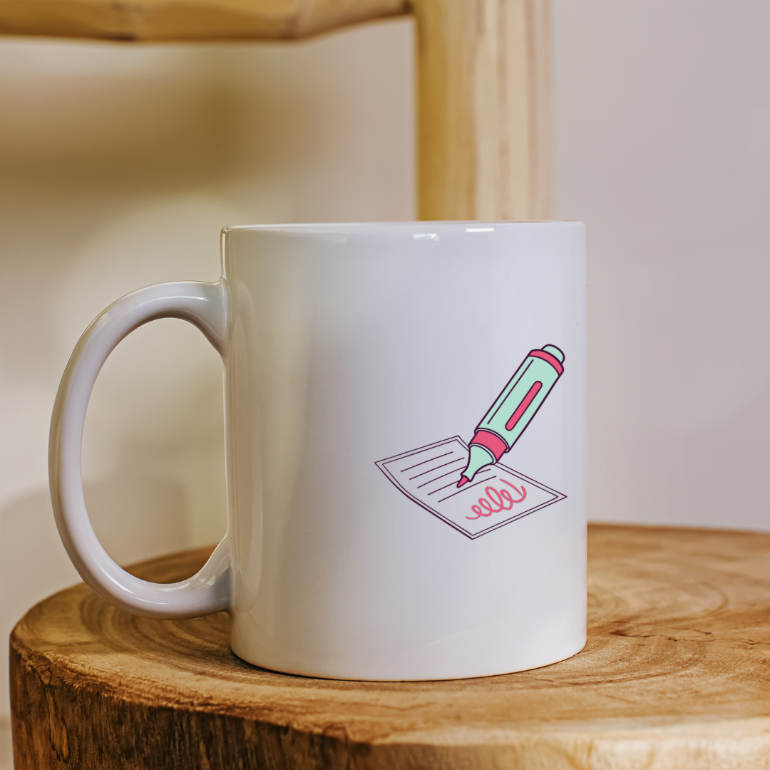 Mug au design pastel avec motif stylo fluorescent et thème papeterie