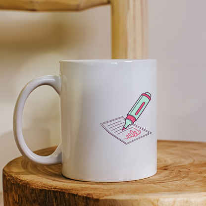 Mug au design pastel avec motif stylo fluorescent et thème papeterie