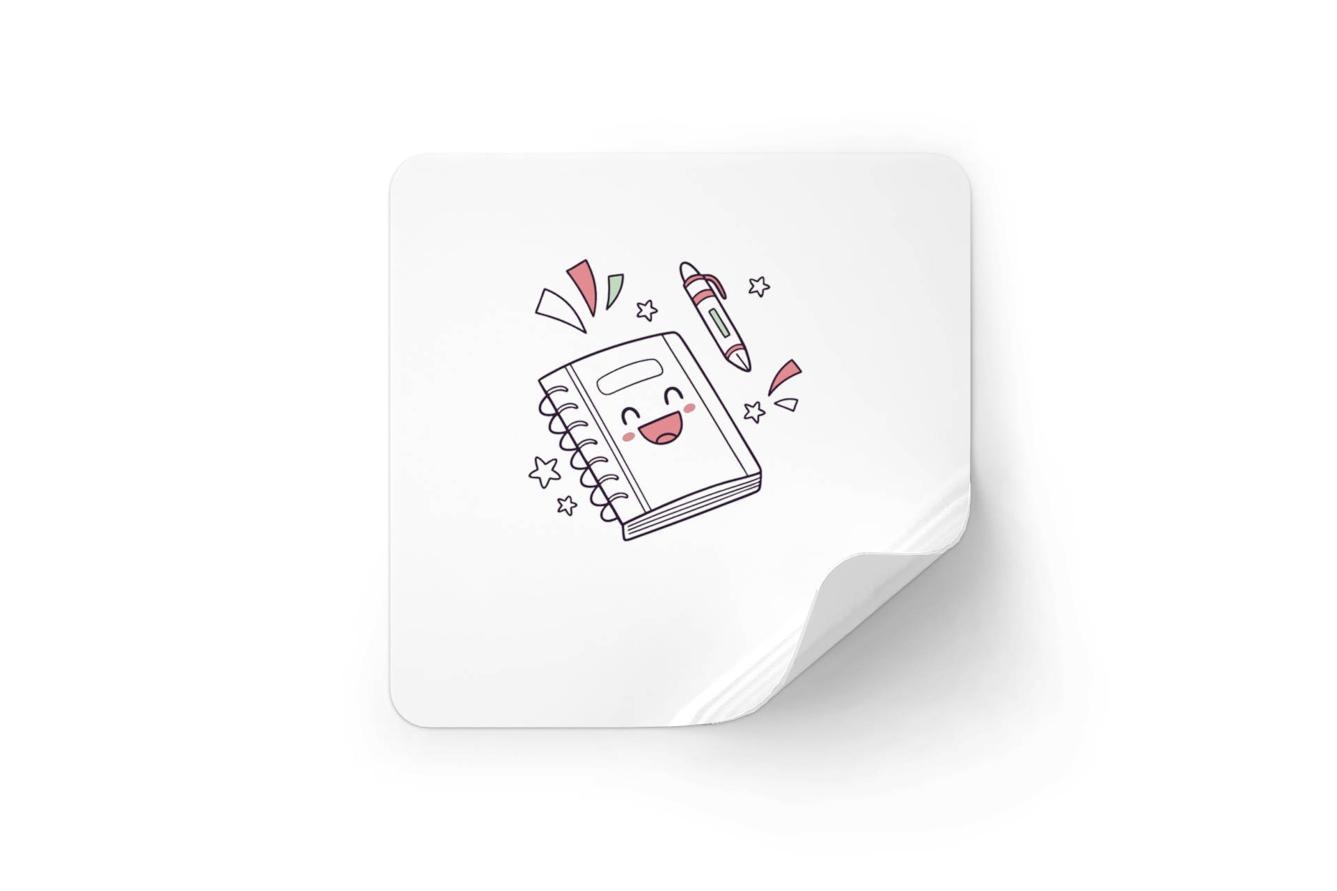 Sticker avec carnet joyeux et stylo en fête, touche kawaii pour école créative