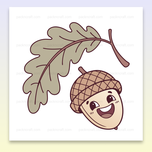 Illustration de gland souriant avec feuille de chêne, idéale pour projets automnaux et DIY.