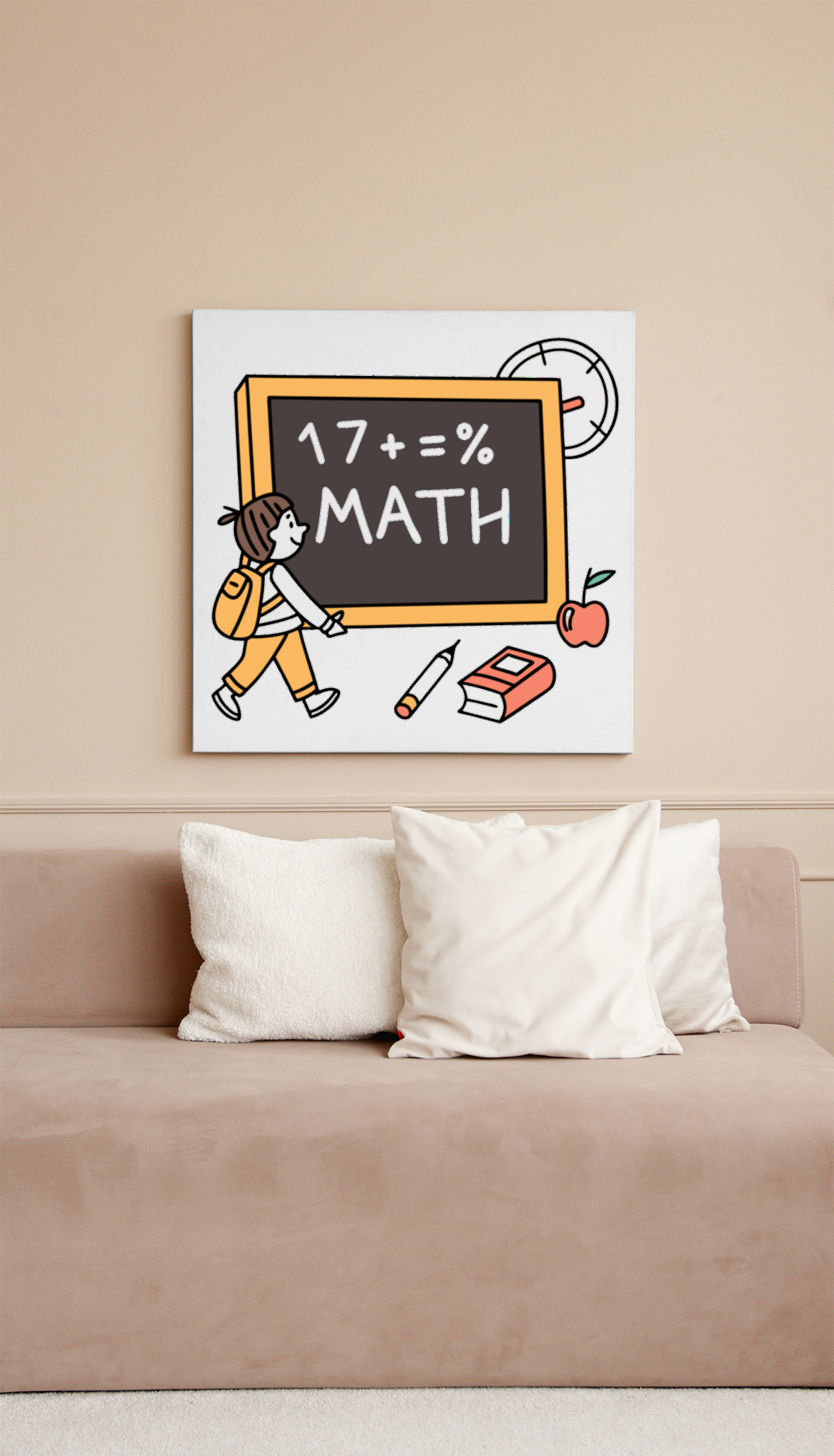 Cadre avec écolier souriant devant tableau, rendu pastel pour ambiance scolaire