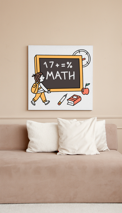 Cadre avec écolier souriant devant tableau, rendu pastel pour ambiance scolaire