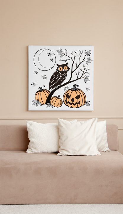 Cadre avec hibou mystérieux posé sur une citrouille pour Halloween