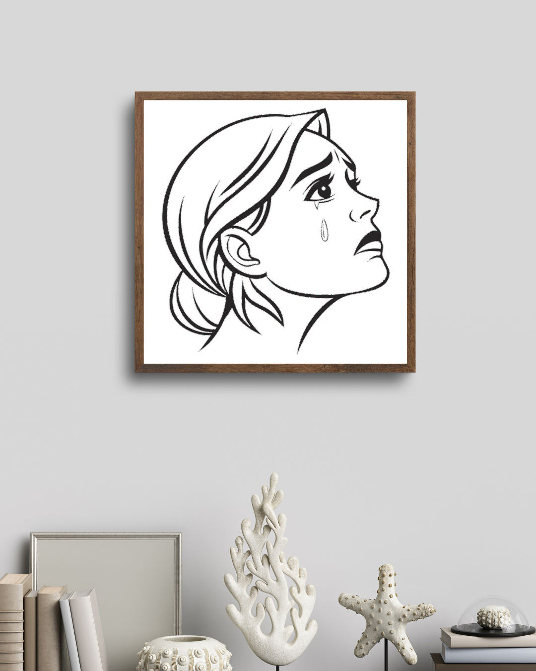 Cadre affichant une icône élégante de femme expressive en pleurs dessiné en ligne claire