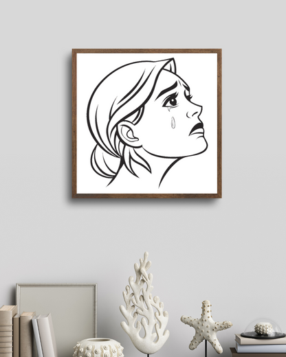 Cadre affichant une icône élégante de femme expressive en pleurs dessiné en ligne claire