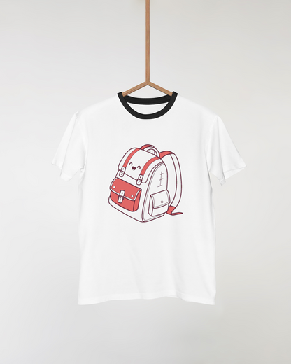 T-shirt avec icône minimaliste de sac à dos joyeux dans un style créatif