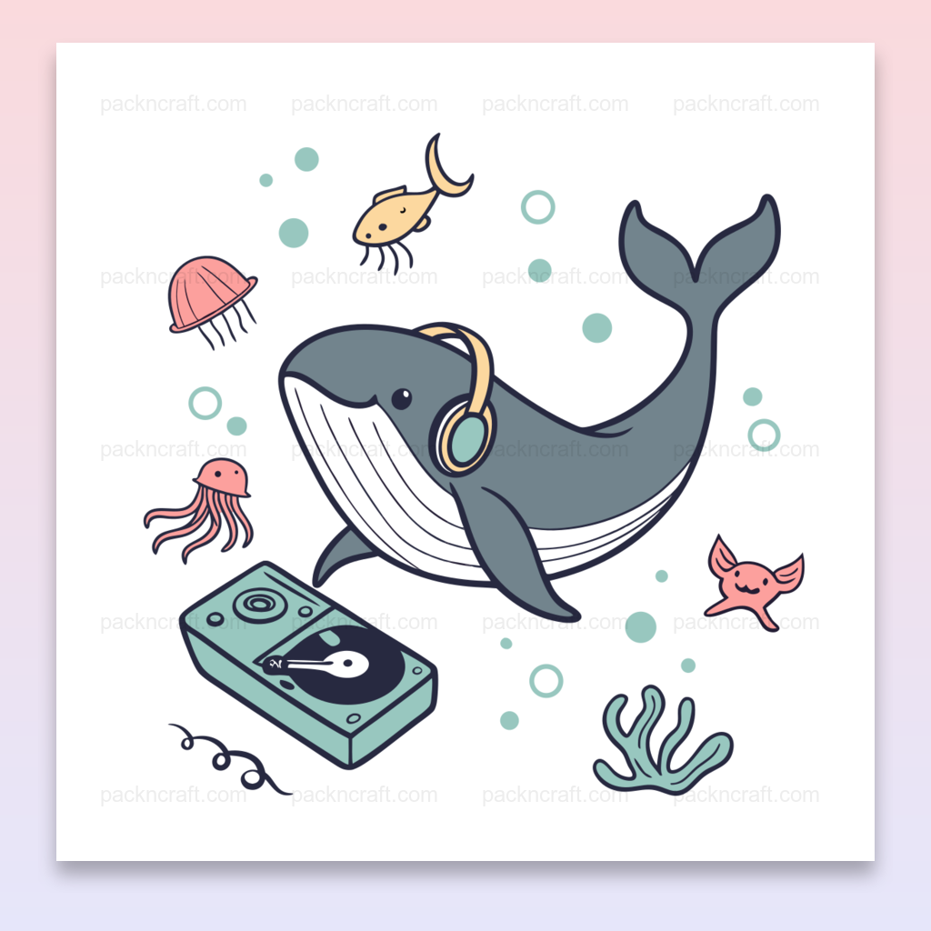 Illustration de baleine DJ joyeuse avec écouteurs et platine, usage déco et éducatif
