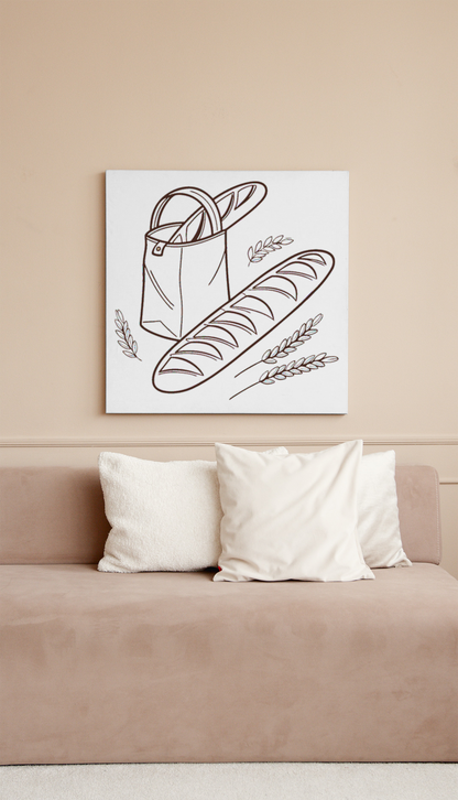 Cadre moderne avec motif minimaliste de sac à baguette et blé art culinaire