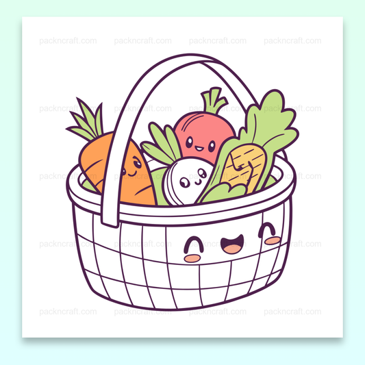 Illustration vectorielle de légumes joyeux dans un panier pour papeterie et déco.