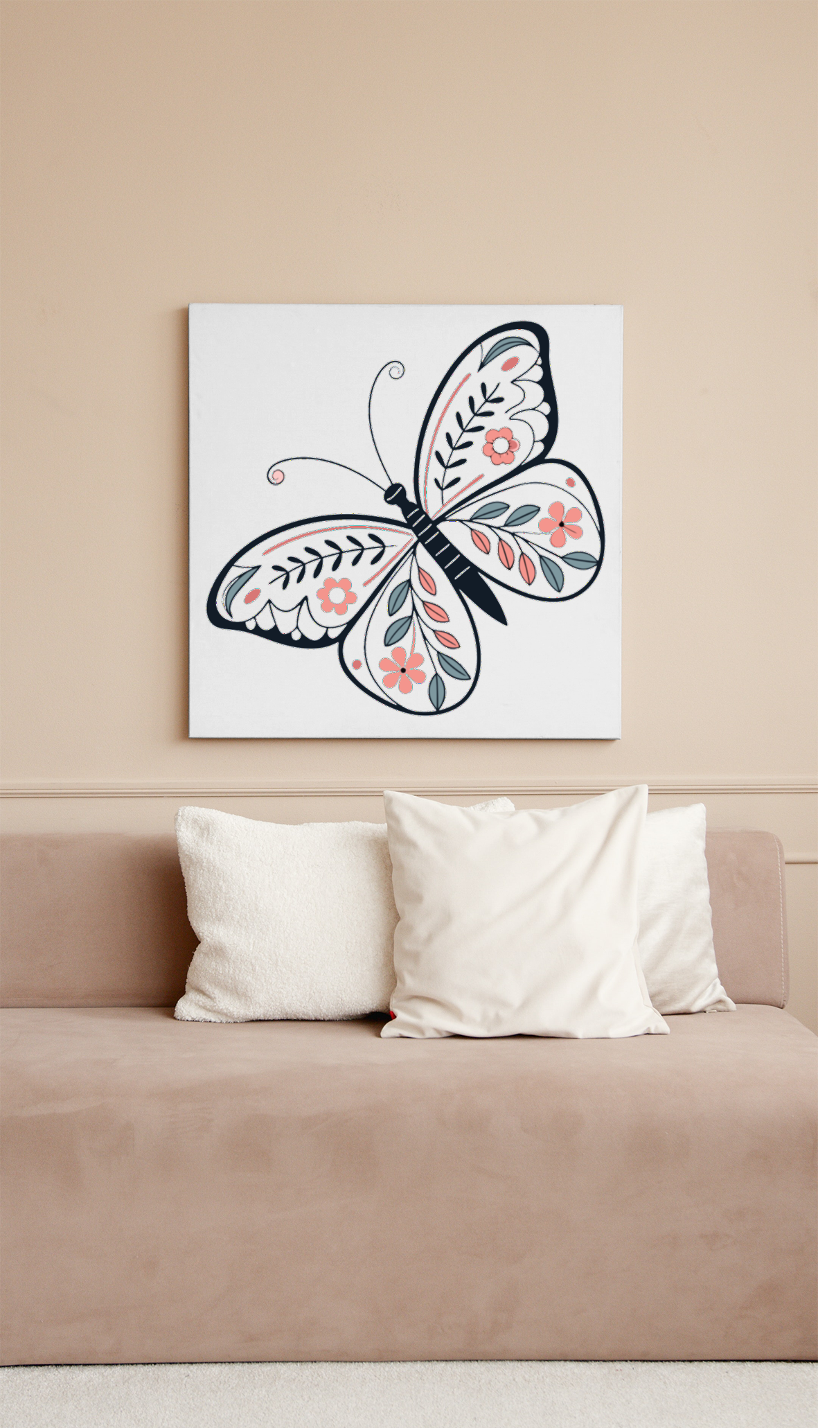 Cadre avec un papillon fleuri en vol style art Népalais sur fond printanier