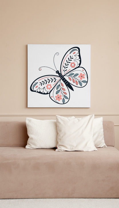 Cadre avec un papillon fleuri en vol style art Népalais sur fond printanier