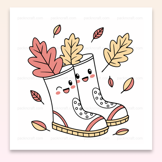 Illustration de bottes souriantes avec des feuilles d'automne, parfaite pour projets DIY et décoration.