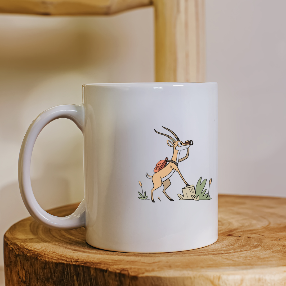 Mug aventure avec gazelle exploratrice en art vectoriel, style nature et exploration