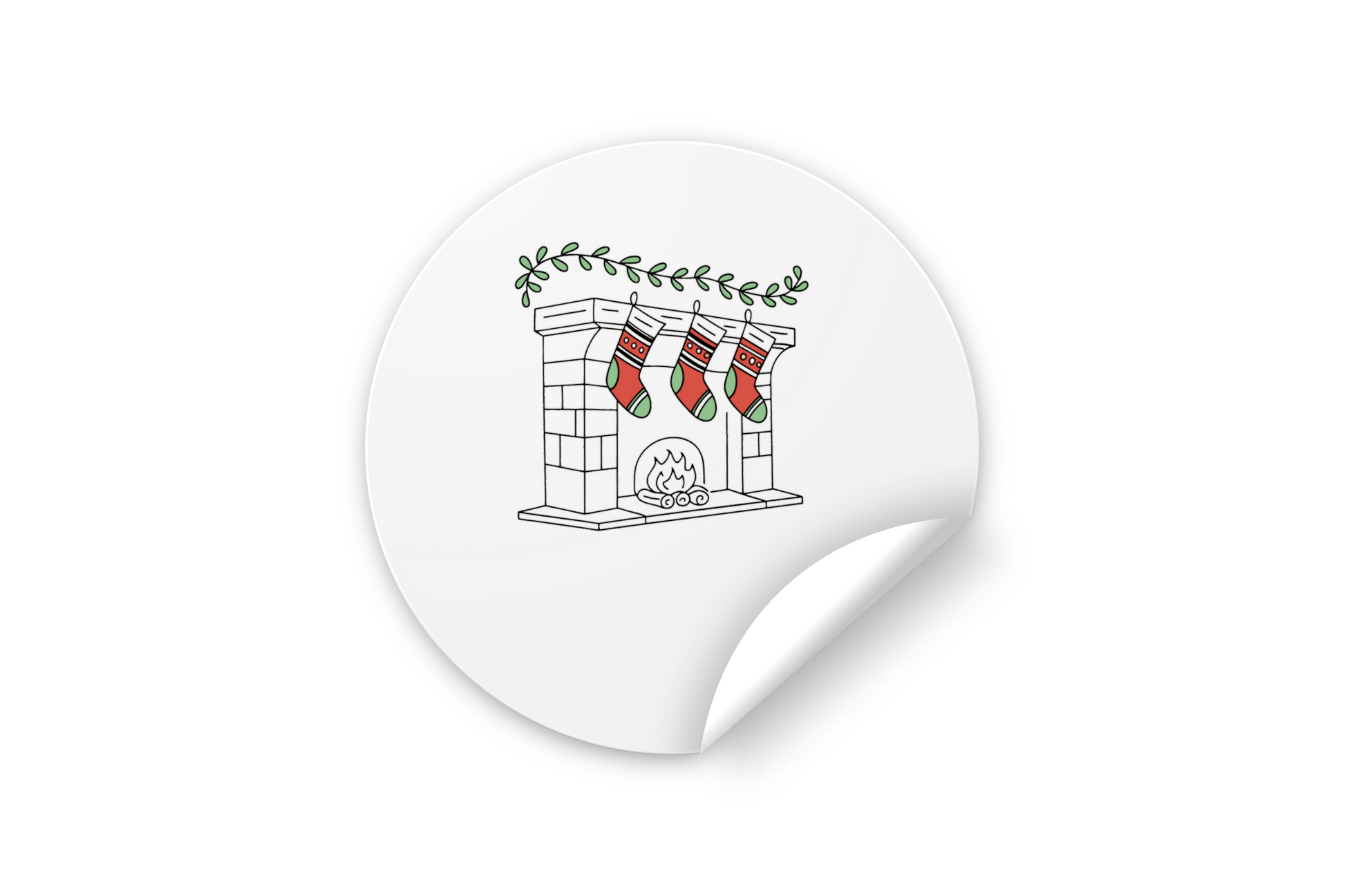 Sticker de Noël montrant des chaussettes au-dessus d'une cheminée dans un style flat