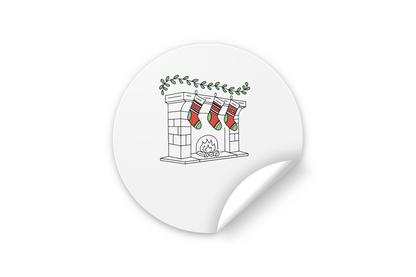 Sticker de Noël montrant des chaussettes au-dessus d'une cheminée dans un style flat