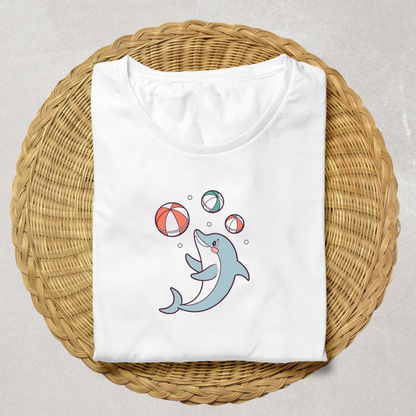 T-shirt avec dauphin en style cartoon jonglant des ballons thème marin