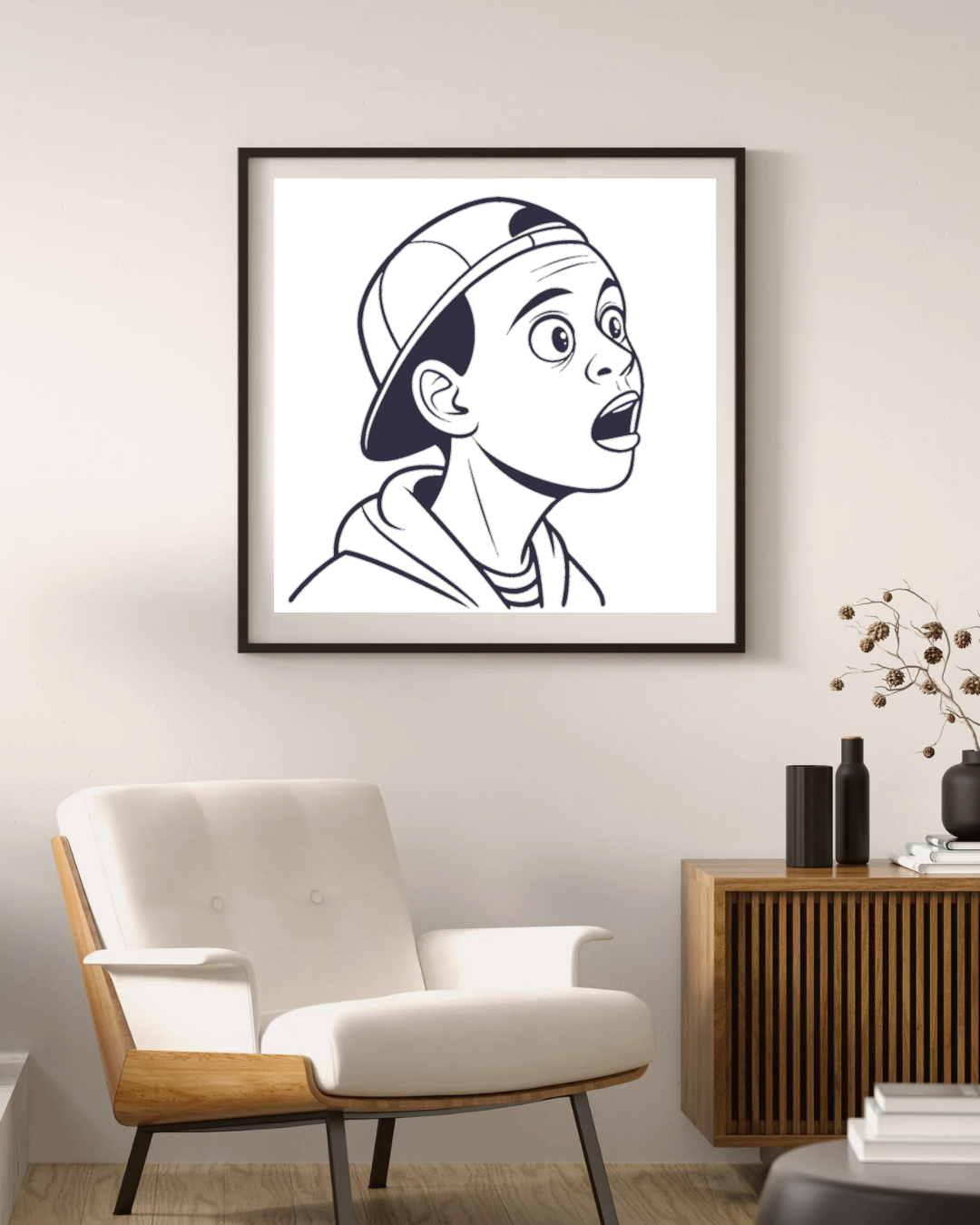 Cadre art urbain avec dessin garçon surpris en lignes monochromes