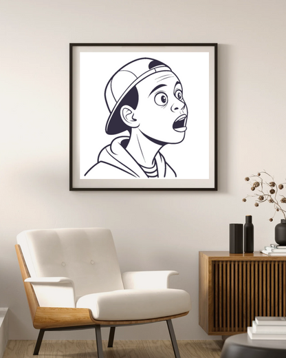 Cadre art urbain avec dessin garçon surpris en lignes monochromes