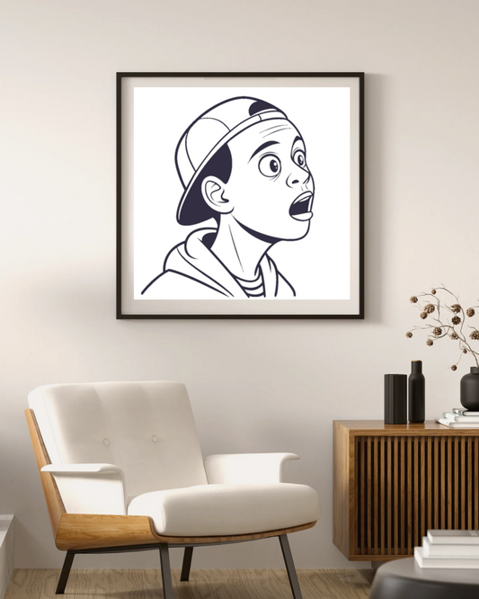 Cadre art urbain avec dessin garçon surpris en lignes monochromes