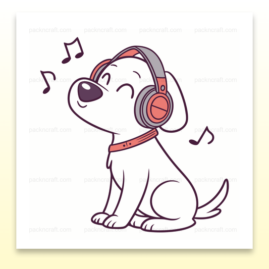 Illustration d'un chien portant un casque avec des notes musicales autour, idéal pour la musique et la décoration créative.