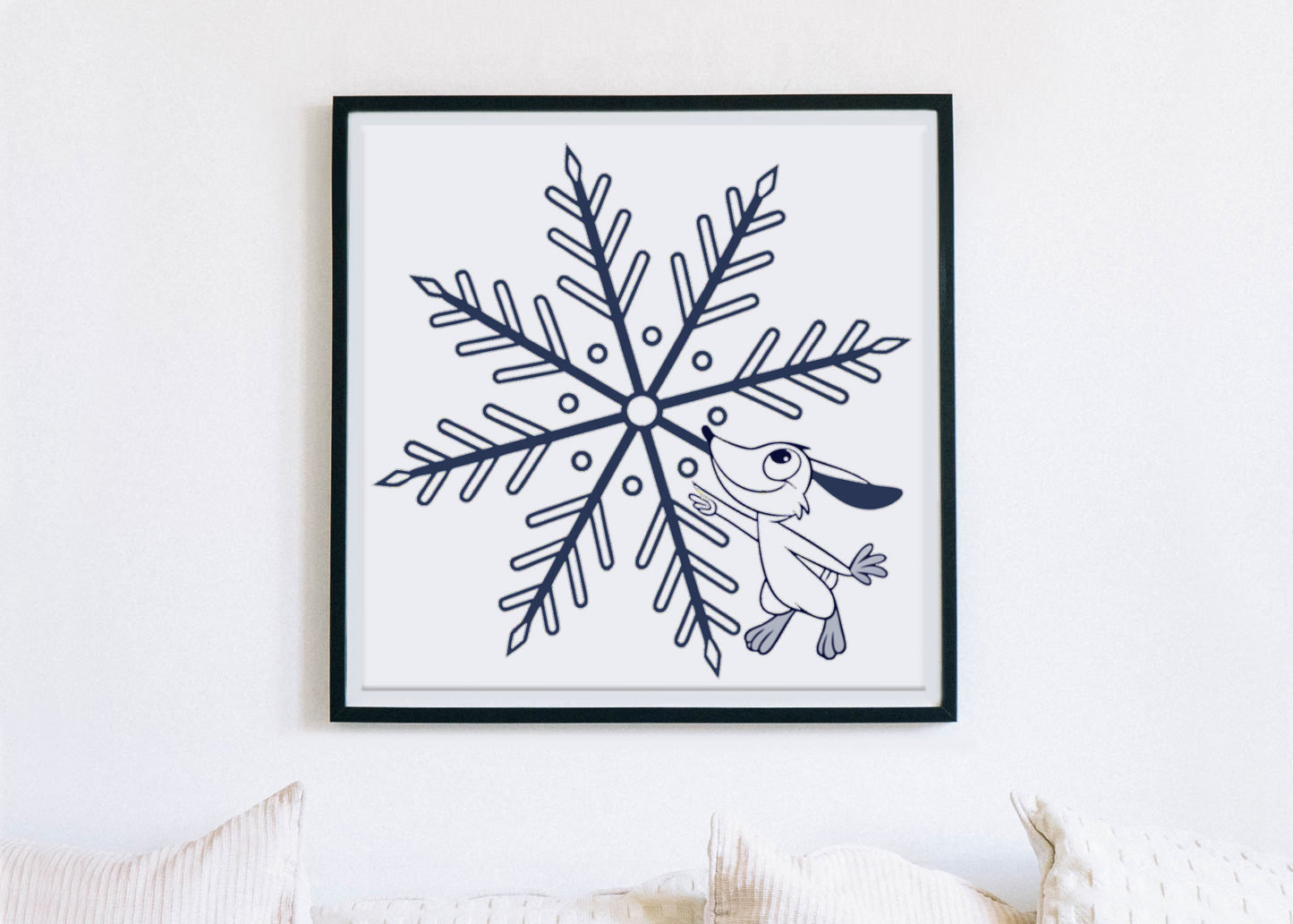 Cadre décoratif avec un lapin s'amusant, dans un style doodle hivernal enchanteur