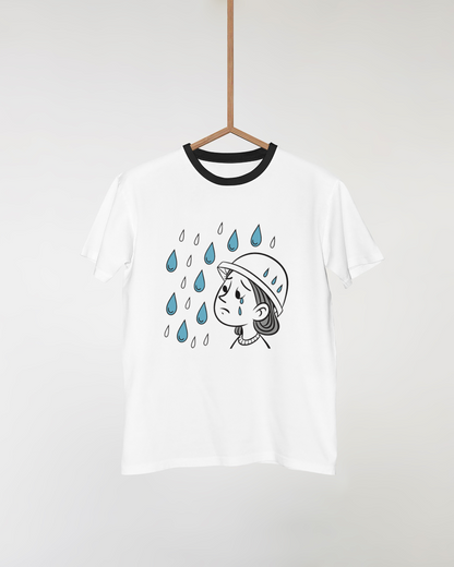 T-shirt mélancolique avec enfant sous la pluie dans un style numérique décoratif