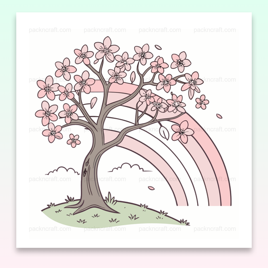 Cerisier en fleurs sous un arc-en-ciel en style pastel pour décos printanières