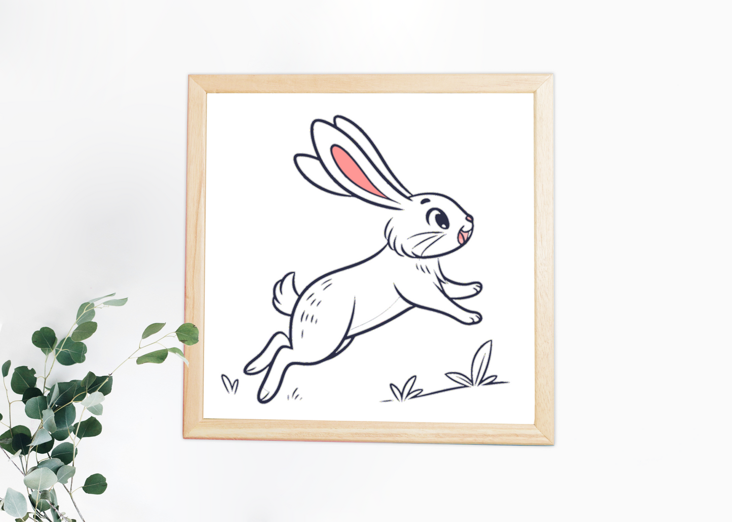Cadre décoratif avec lapin bondissant, ambiance pastel printanière