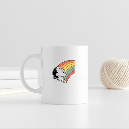 Mug vibrant avec dessin enfant joyeux sous un arc-en-ciel coloré