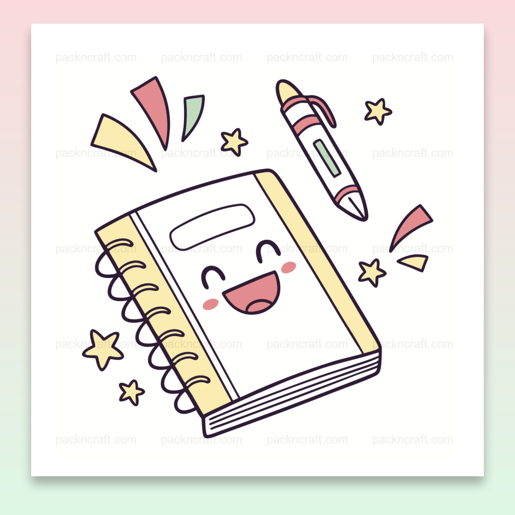 Carnet souriant et stylo en fête, illustration kawaii pour projets éducatifs et DIY
