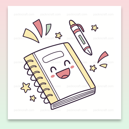 Carnet souriant et stylo en fête, illustration kawaii pour projets éducatifs et DIY