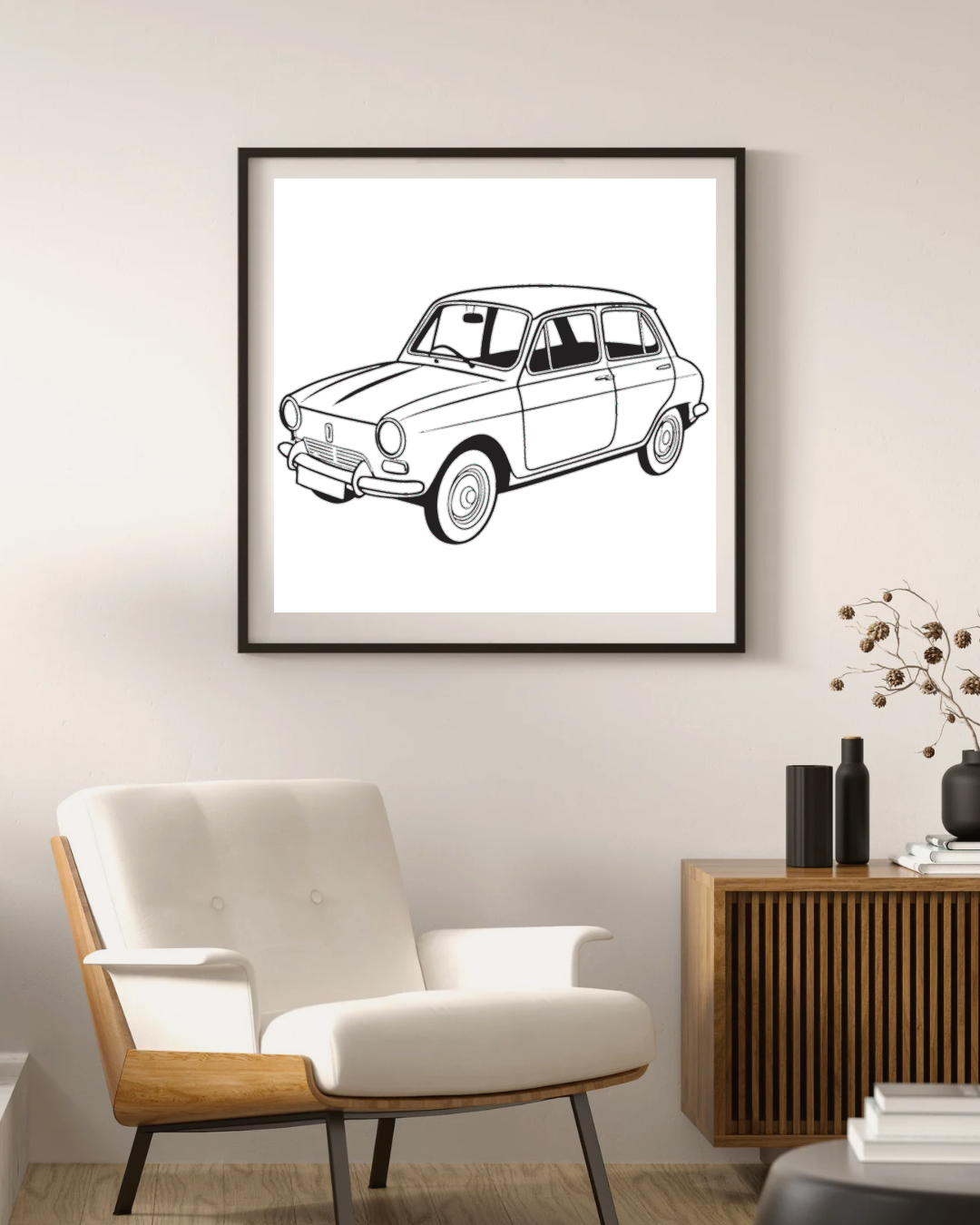 Cadre en style vintage avec voiture ancienne, idéal pour décoration.