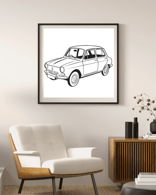 Cadre en style vintage avec voiture ancienne, idéal pour décoration.