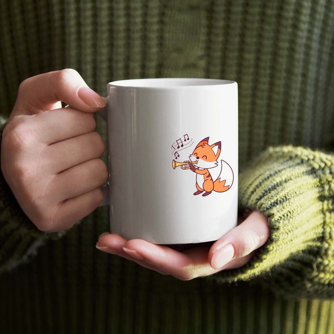 Mug avec renard joyeux jouant de la trompette dans un style mélodieux