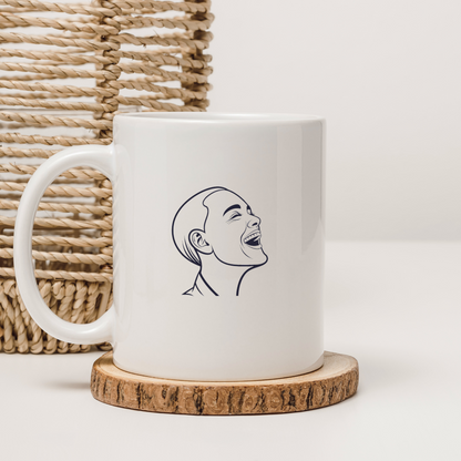 Mug avec motif ligne dynamique illustrant un homme souriant avec expression joyeuse