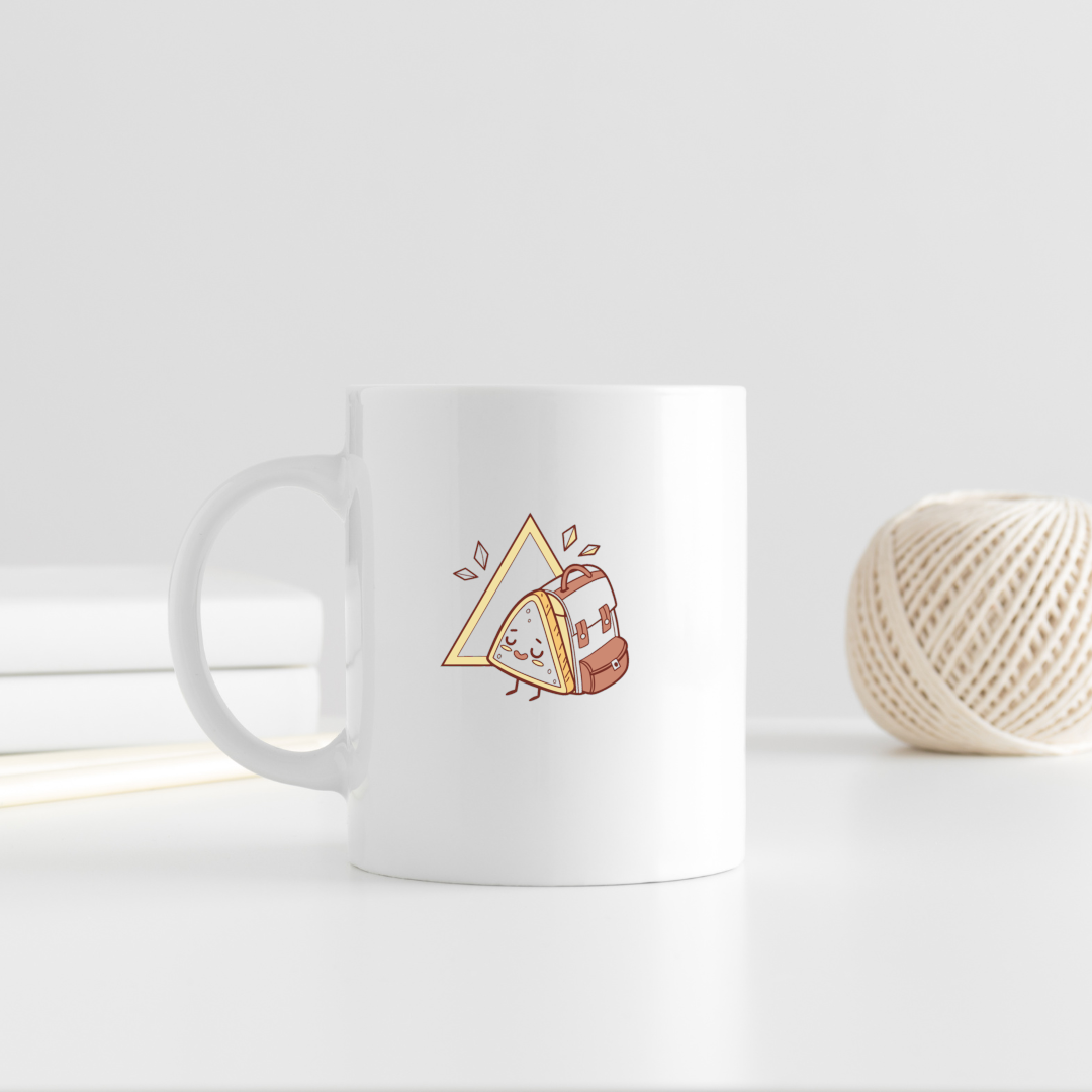 Mug avec un sandwich souriant en randonnée style doodle thème écolier
