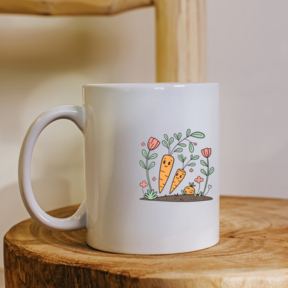 Mug décoratif avec carottes kawaii dans un jardin printanier, style joyeux