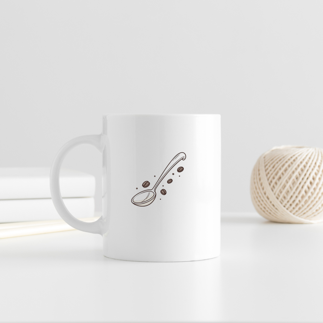 Mug café avec cuillère joyeuse et grains dans doodle élégant
